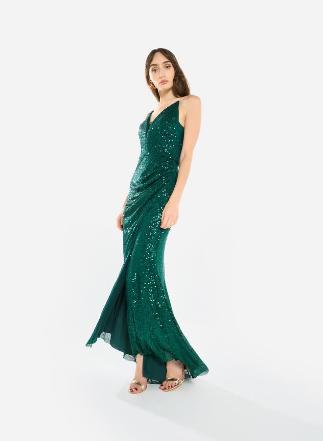 House of Moda Women Sequin Strappy Drape Maxi Dress - Image 3